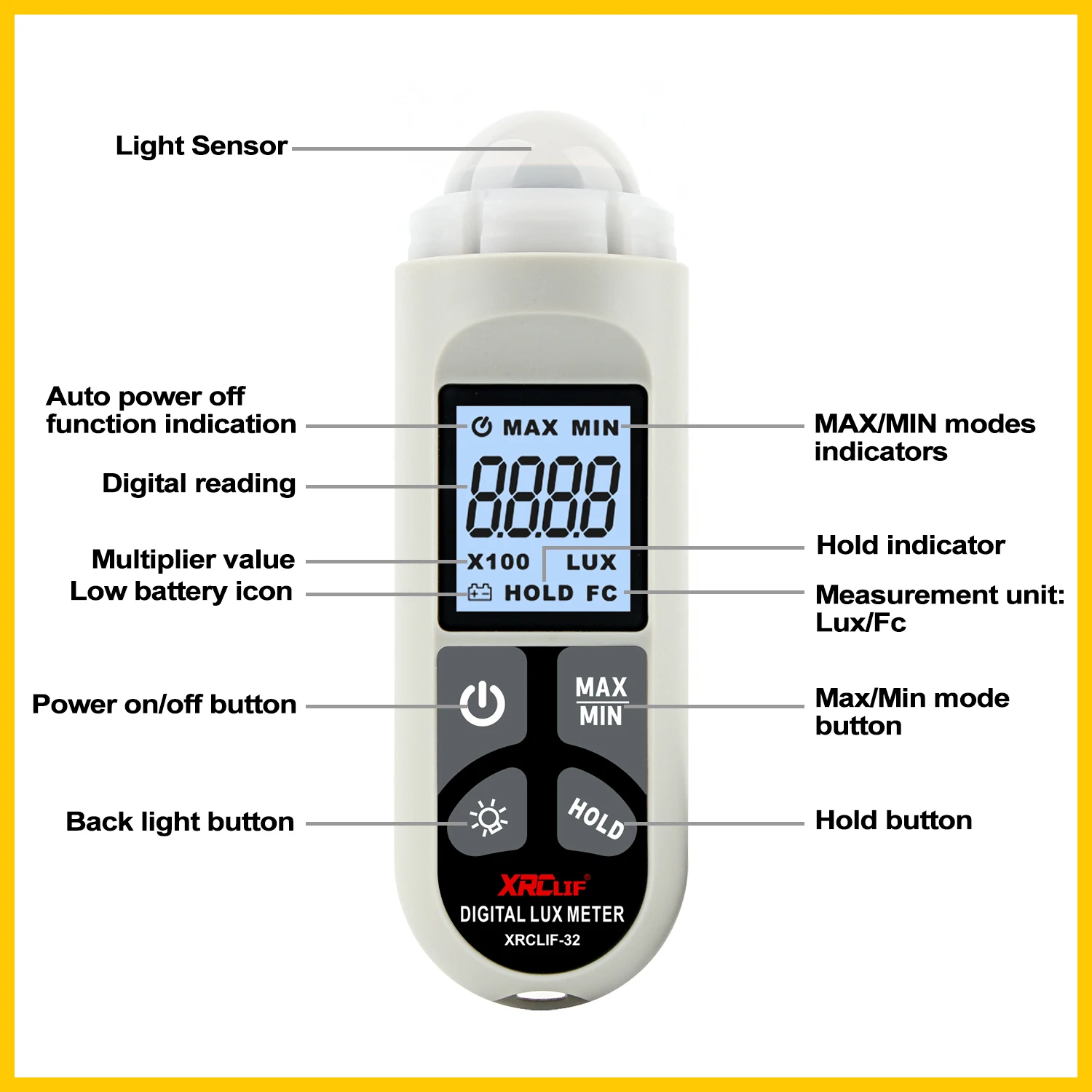 XRCLIF Lux Meter 0.1~200,000luxowy miernik światła Kieszonkowy luxometr Iluminometr Lux/Fc Fotometr Tester środowiskowy