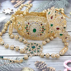 Sunspicems Chic Morocco Bride Wedding Jewelry Sets For Women Metal Caftan Belt Crystal Crown Shoulder Chest Chain Gold Color