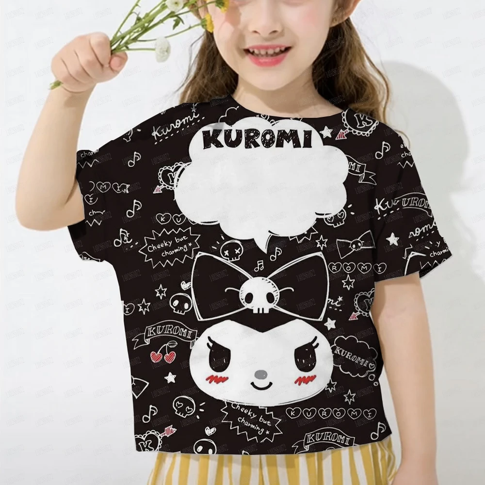 New Summer Girls T-shirt Fashion Cartoon Cute Cinnamon Cat and Hello Kitty 3D Printed T-shirt Children\'s Short Sleeve Kuromi