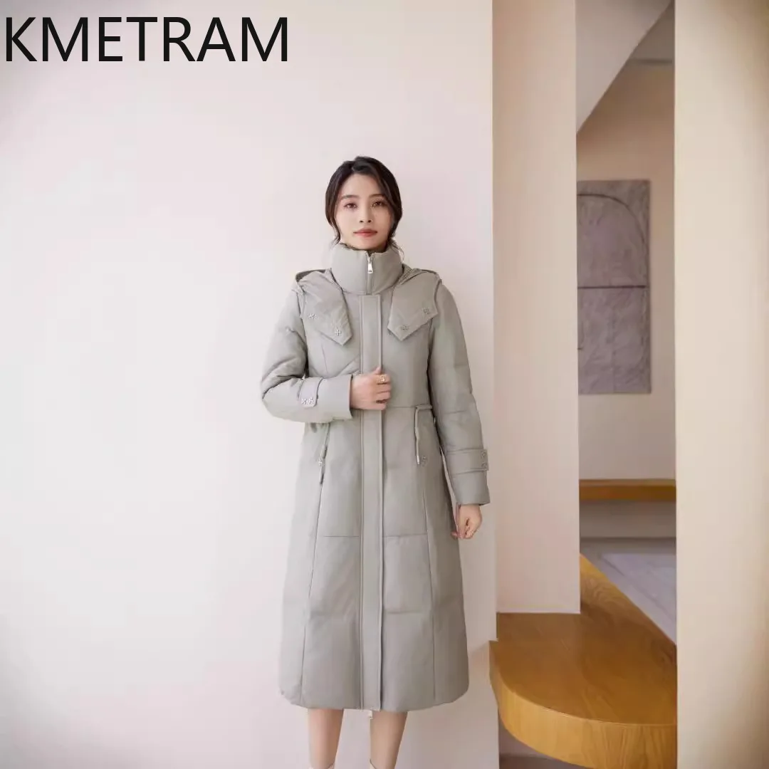 Pufferjacke aus 100 % Schaffell für Damen, hochwertiges echtes Leder, lange Daunenmäntel mit Kapuze, 2025, Winterkleidung für Damen