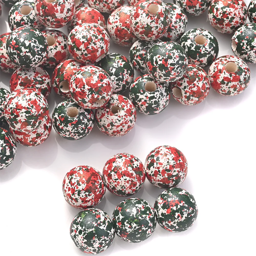 16mm 10 Stück Weihnachts-Holzperlen mit bemaltem Rot-Grün-Splatter-Graffiti, Vintage-Optik, große Löcher für DIY-Bastelarbeiten und Girlandenherstellung – Detail 1