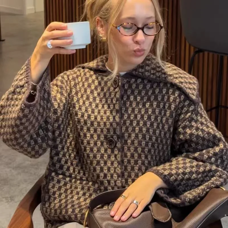 KIDCRKJ Fashion Plaid Women 2026 Spring Jacket Loose Single Breast Cardigan For Female Instagram-Style Versatile Lady Outwear