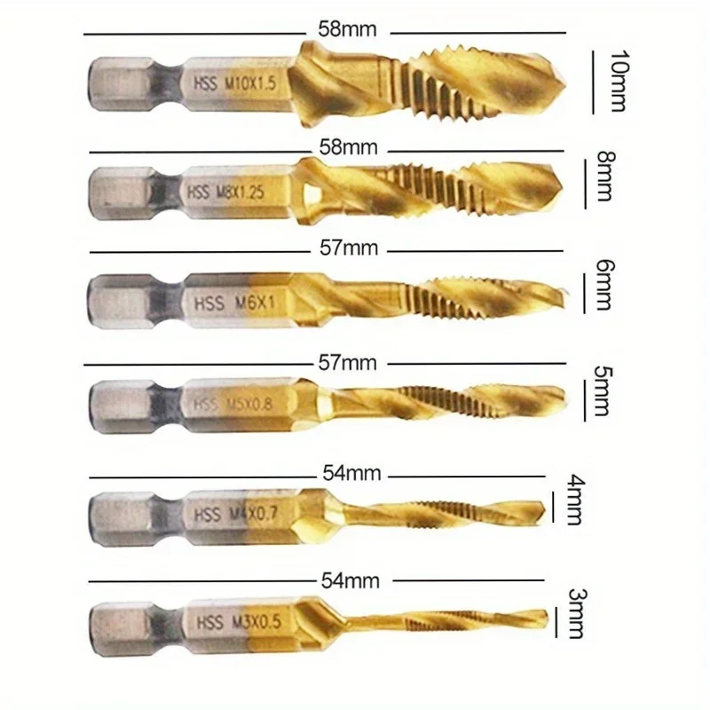 4Sets Total 24Pcs Pack 6Pcs/Set Titanium Coated HSS Tap Drill Bits Hex Shank Screw Thread Bit M3 M4 M5 M6 M8 M10 for Screw Machine Compound Tap