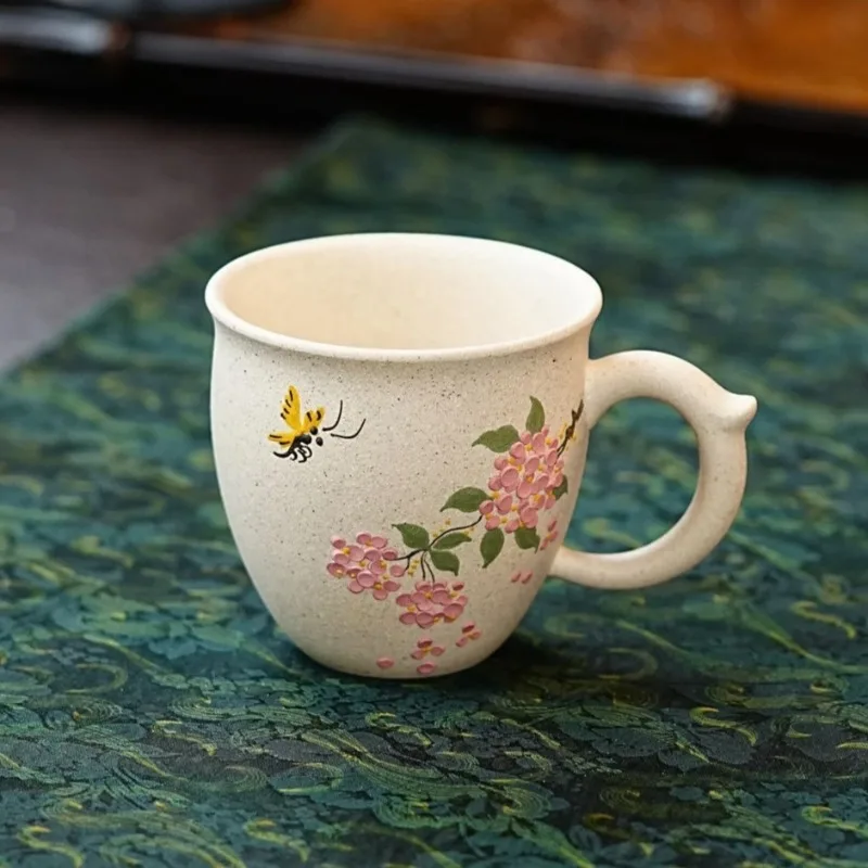 

Purple sand white segment mud master cup pure handmade mud painting stack painting tea teacup with side handle 200ml