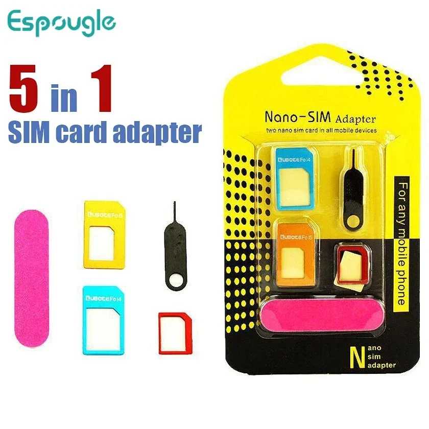 100pcs/lot 5 In 1 Sim Card Holder Adapter Standard/Nano/Micro Slot Conversion With Eject Pin For All Smartphones