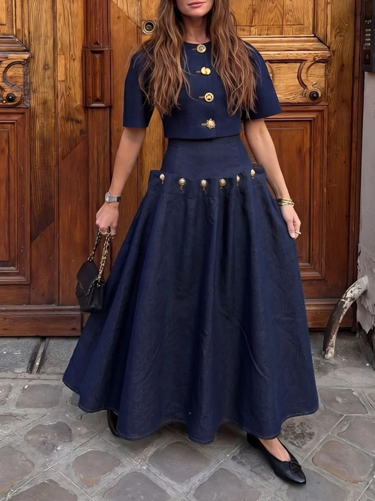 

Casual O-neck Short Sleeve Top & Long Skirt Suit Women Fashion Personality Denim Outfits Elegant Metal Button Pleated Solid Set