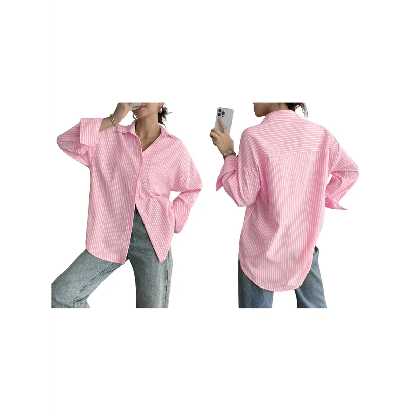 CGS – Camisas femininas com botões, camisas formais listradas, mangas compridas, lapelas, camisas de trabalho de escritório, tops