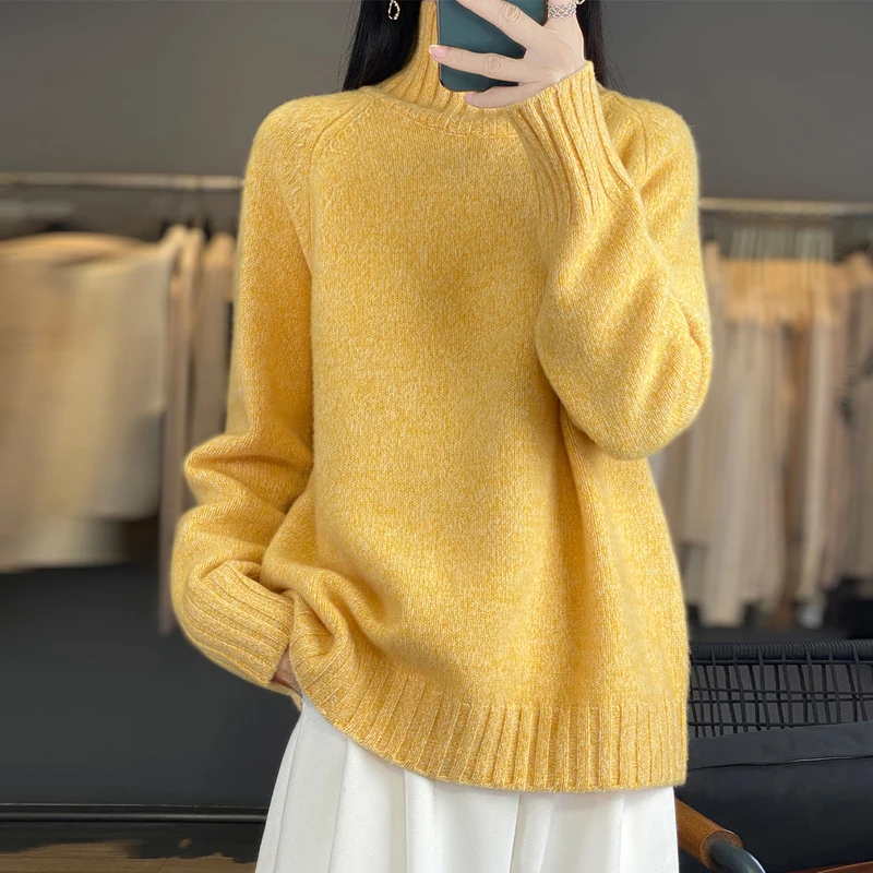 Nieuwe release: 100% merinowol gebreide trui dames hoge kraag trui casual losse tops mode Koreaanse dameskleding