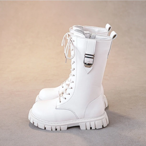 Autumn Girls Fashion Causal Boots Winter Classic Round Toe Warm Kids PU Leather Chunky Heel Boots Luxury Childrens Midsole Shoes