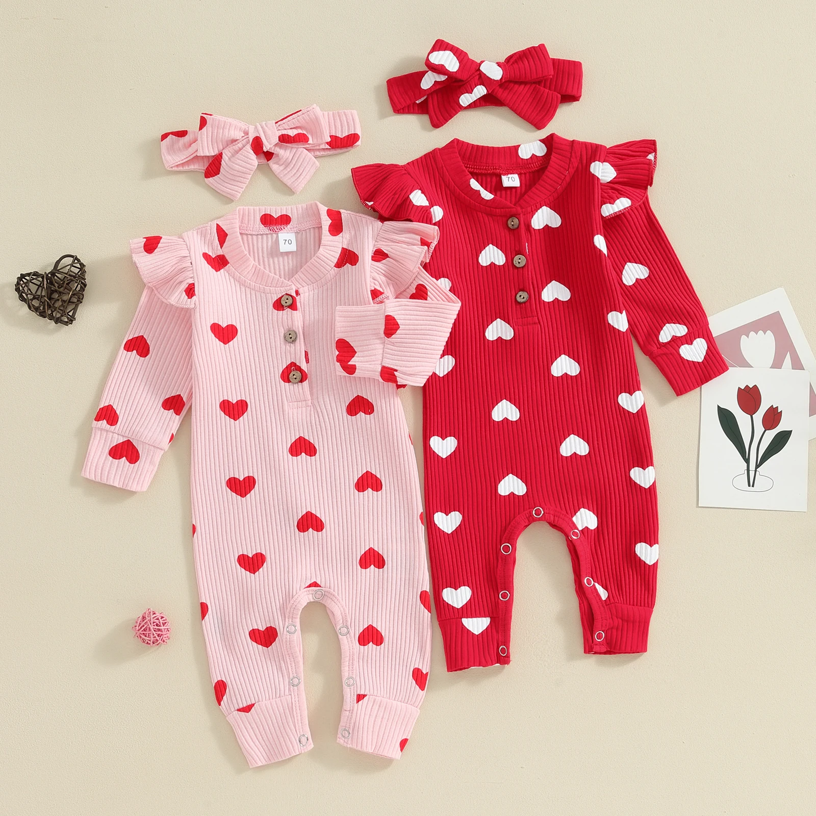 

Baby Girls Rompers Valentine's Day Clothes Heart Print V-Neck Buttons Long Sleeve Jumpsuits Toddler Baby Jumpsuits with Headband