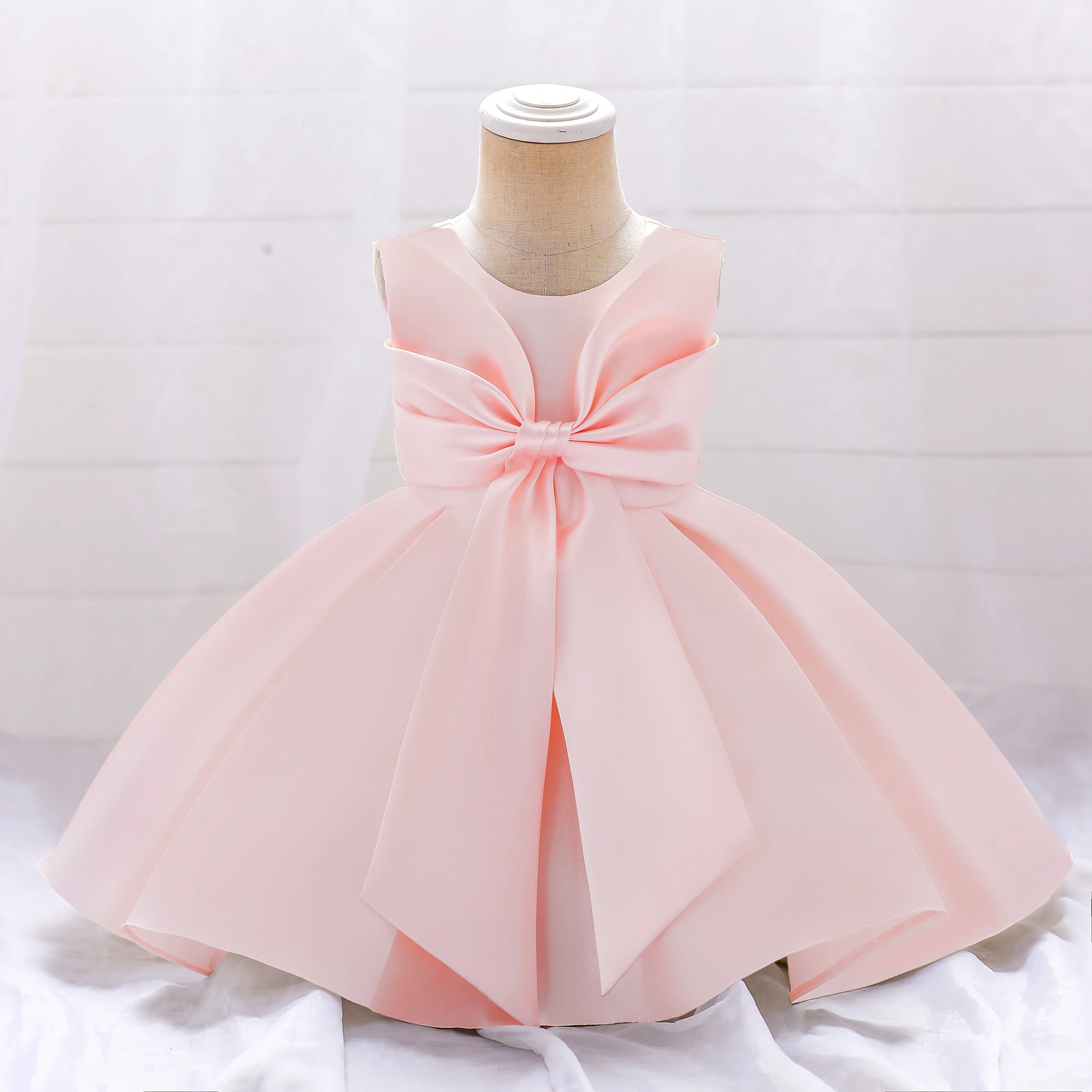 Toddler Satin Girls Dress White Party Pleated Large Bow 1st Birthday Princess Dresses for Girl Baptism Prom Wedding Kids Clothes