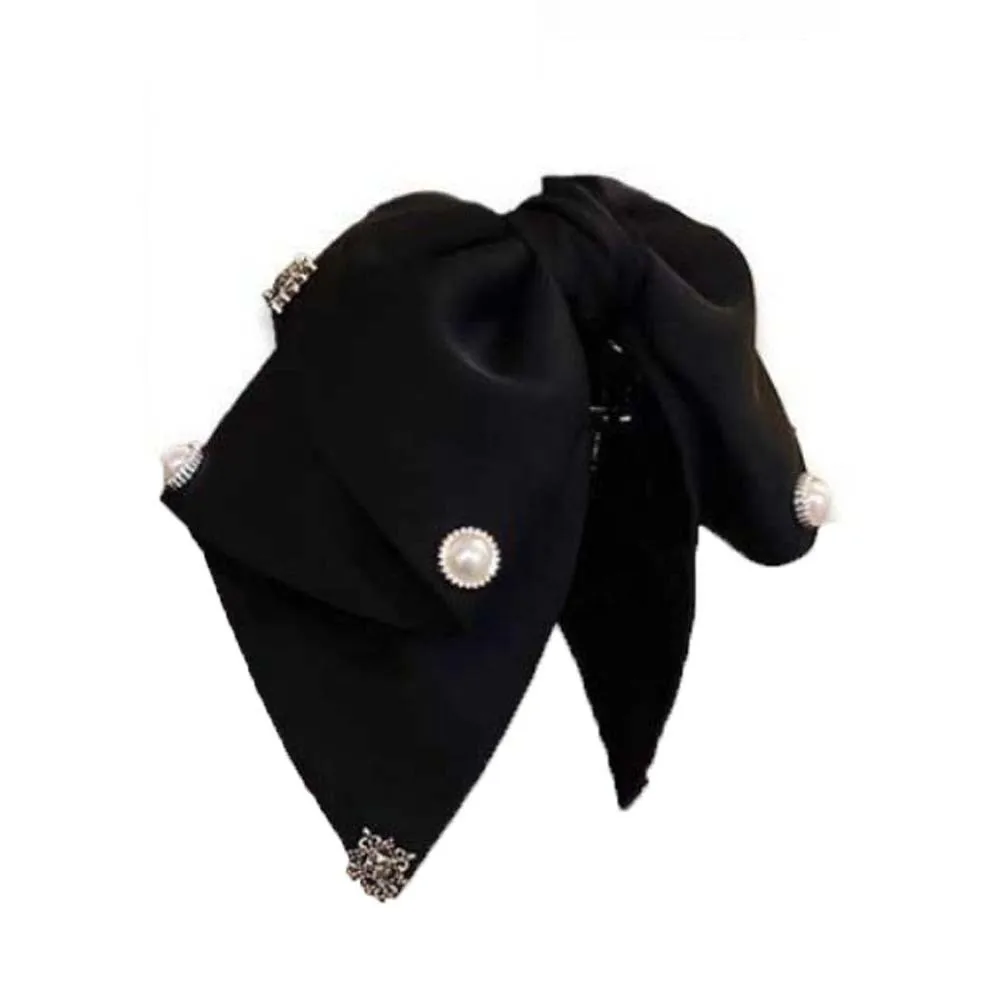 

Заколка-краб для волос с черными бусинами и бантом, в французском стиле, элегантная, блестящая, со стразами, из полиэстера, с пайетками, для женщин, для вечеринок