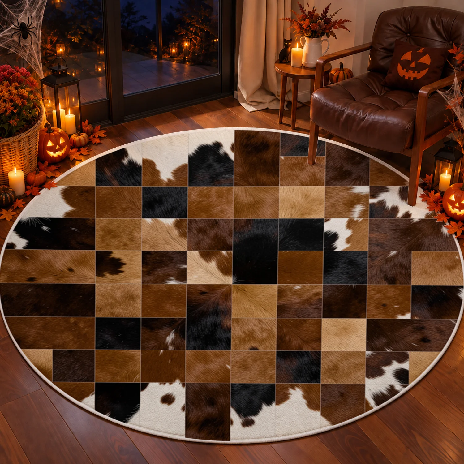 Cowhide Patchwork Checkered Round Rug Velvet Machine Washable Soft Durable For Living Room Bedroom Dining Room Entryway Halloween Thanksgiving Black Friday Christmas New Year