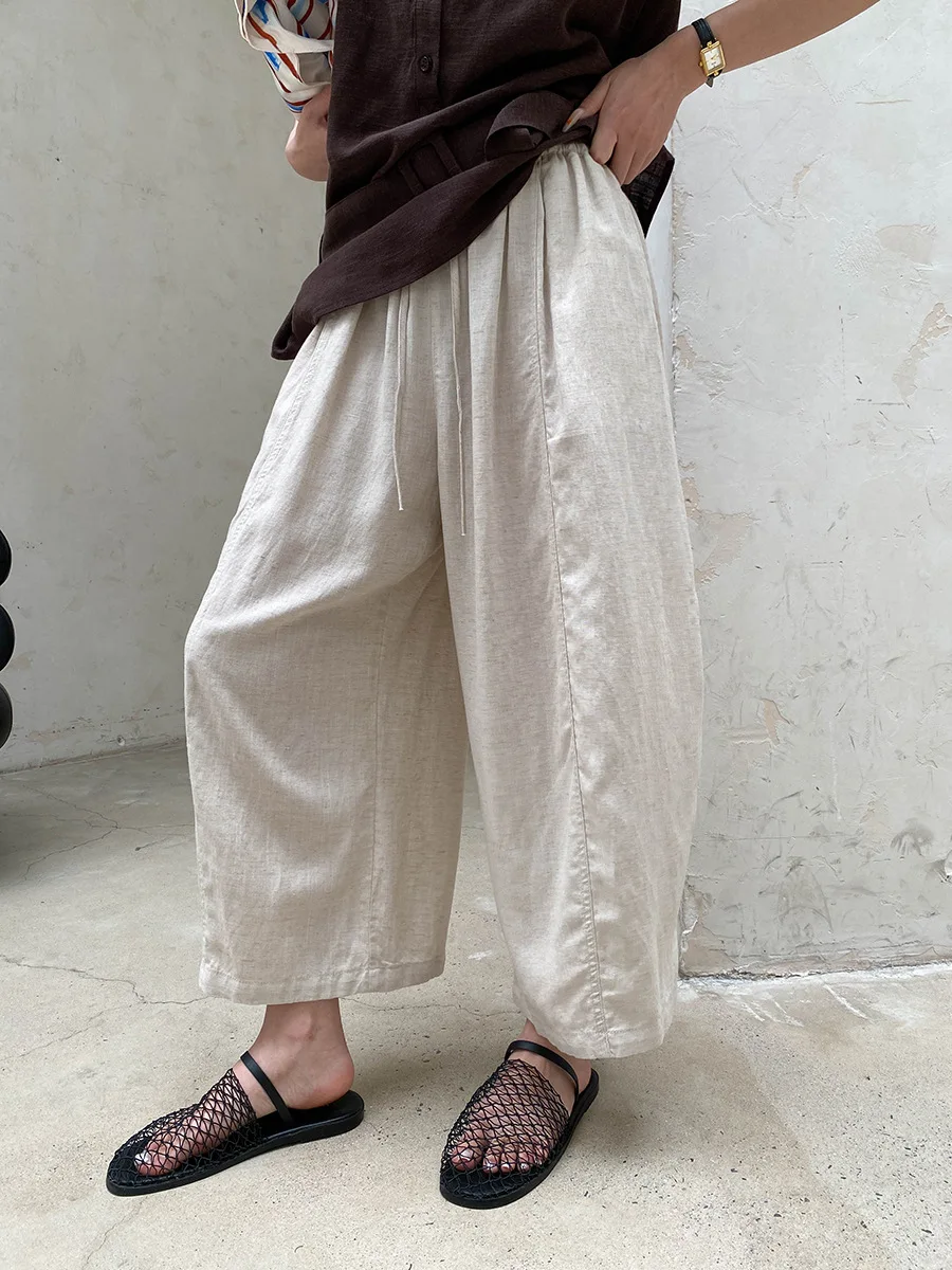 Sommerliche High-Waist-Hose mit weitem Bein für Damen, lässige, einfarbige, locker sitzende Hose – Detail 6