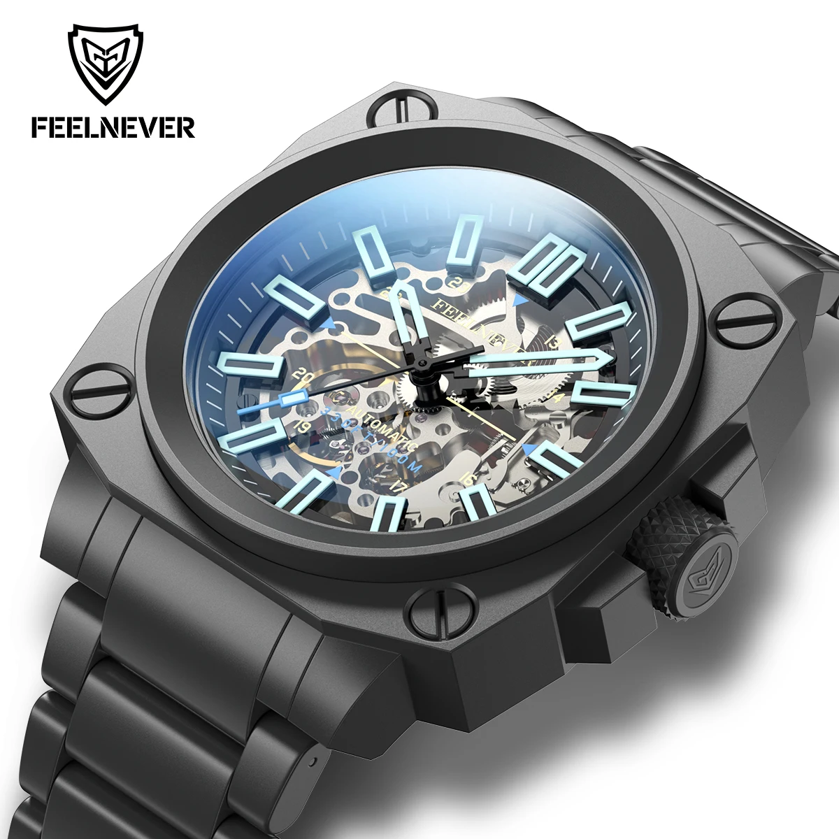 FeelNever Top Brand Mechanical Watch Casual Sports Stainless Band Skeleton Automatic Watches for Men Waterproof Luminous Clocks