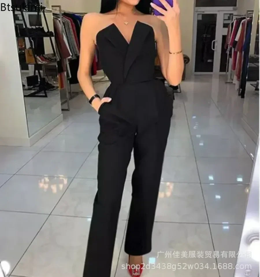 2024 Women\'s Elegant Jumpsuits Solid Off Shoulder Sexy Club Jumpsuit Female Sleeveless High Waist Slim Wide Leg Jumpsuit Pants