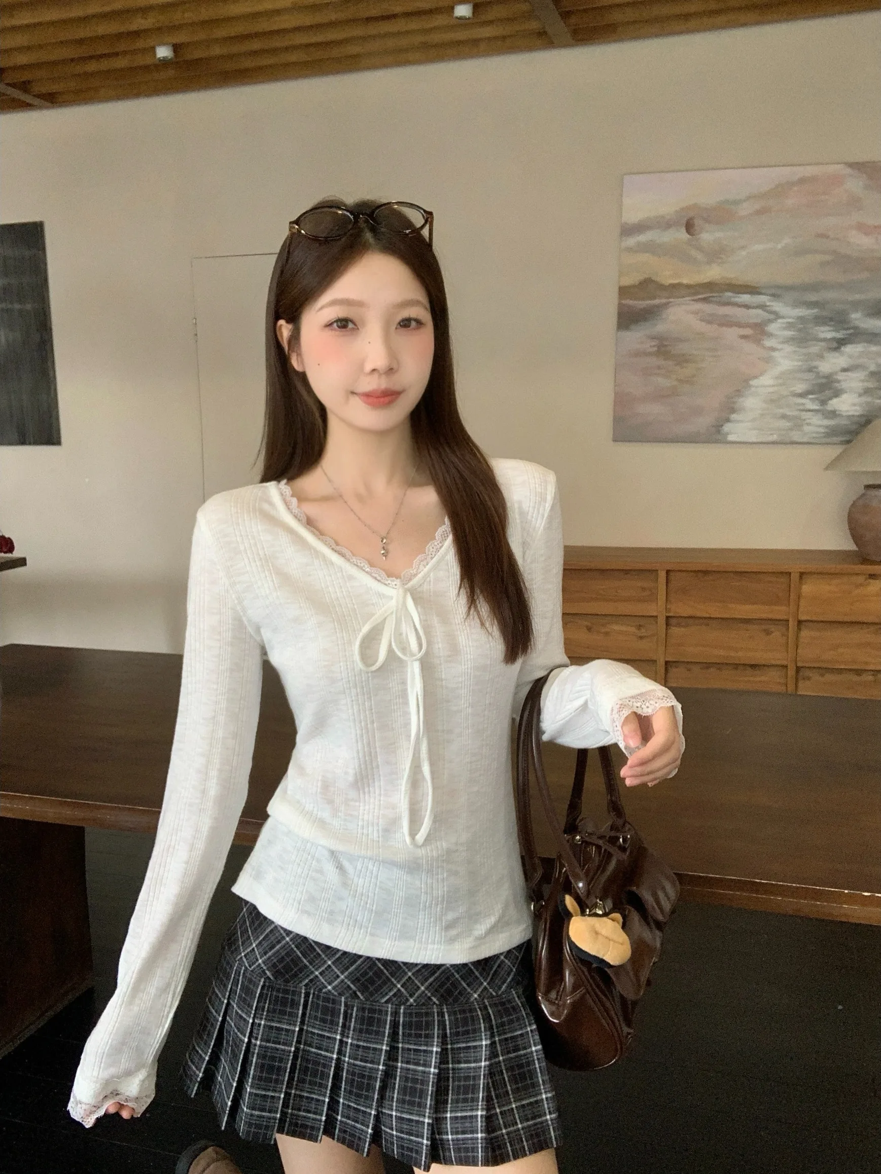 

plus Size Women's Pure Desire Lace Trim Long Sleeve T-Shirt Early Autumn New Style Slimming Versatile Base Layer Top