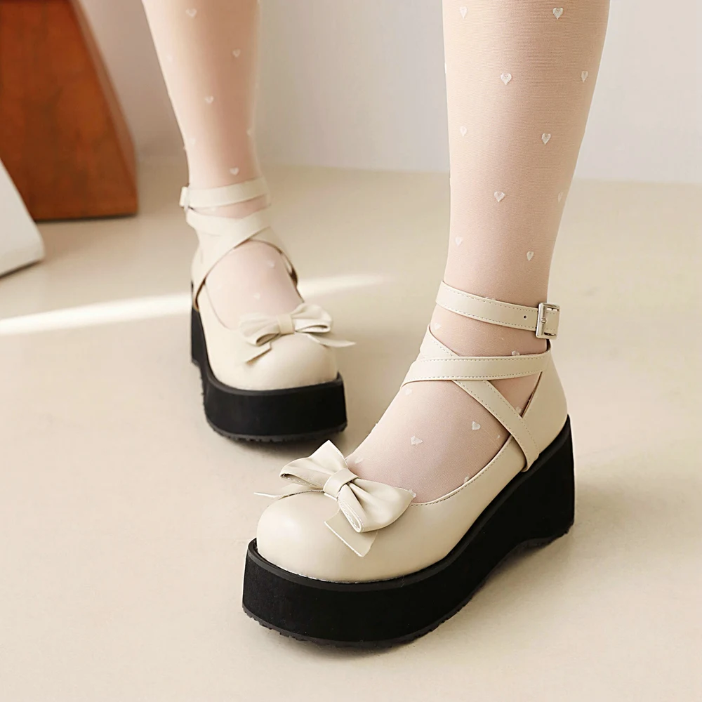 Plus Size Wedges Lolita Shoes High Platform Sweet Bow Ankle Strap Cosplay Party Pumps Spring Autumn Fashion Wear Pink Black