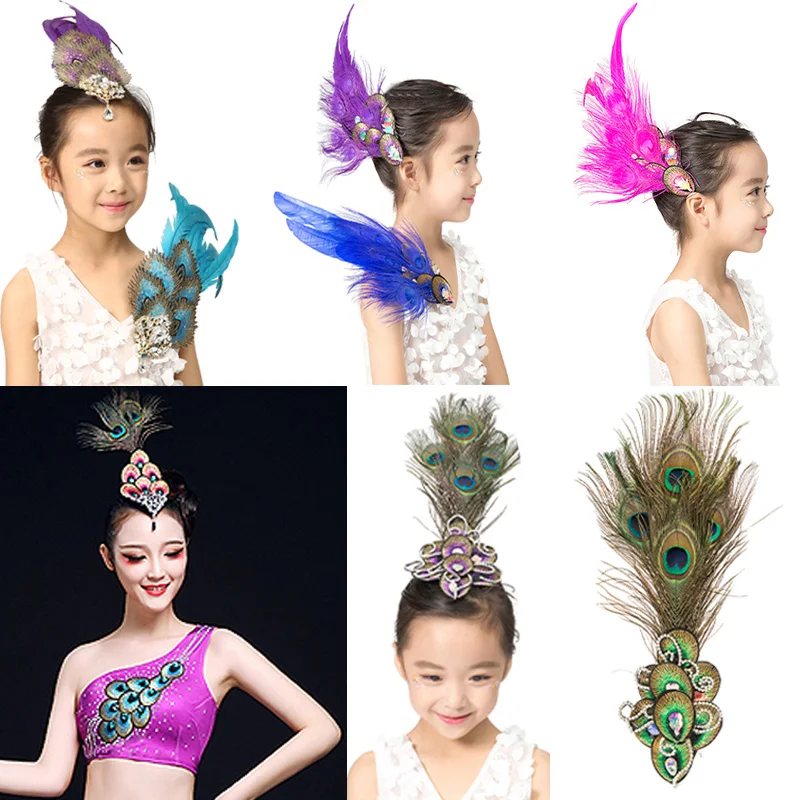 Copricapo lungo con piume di pavone per spettacoli di danza classica Fascia per capelli da principessa per ragazze Accessorio per feste in costume con copricapo flapper vintage