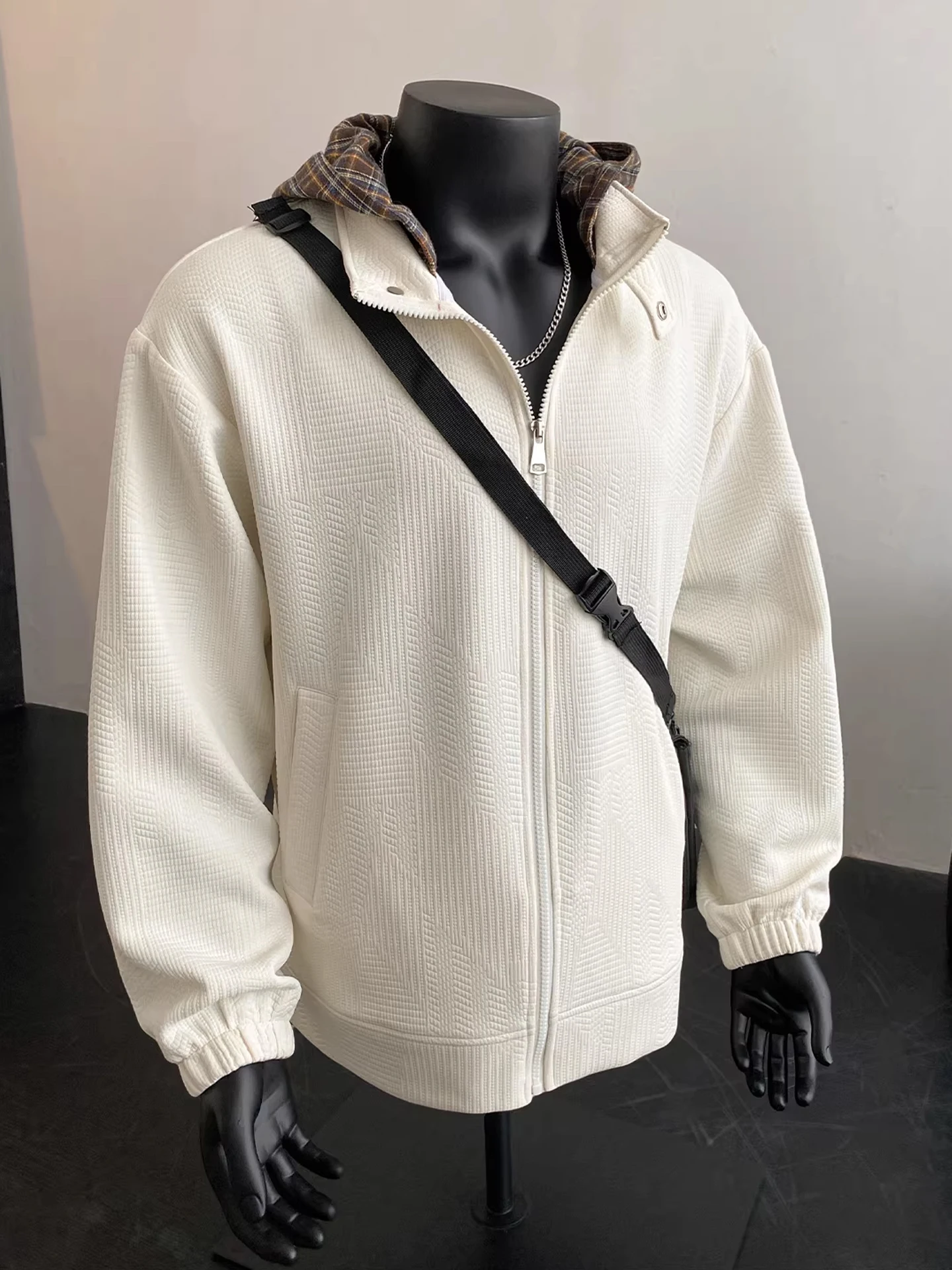 

Casual Plaid Patchwork Hooded Jaet Men's Sle Spring Trend Brand American Texture Sensation Loose Fit Long Sve Coat