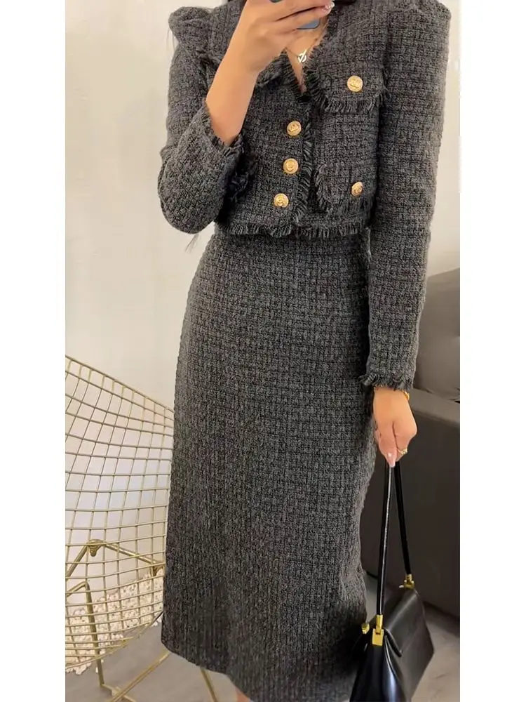 Women Winter Jacquard Tweed Elegant Suit Jacke Coat Top And Long Skirt Two Piece Set Matching Outfit Female Formal Party Clothes