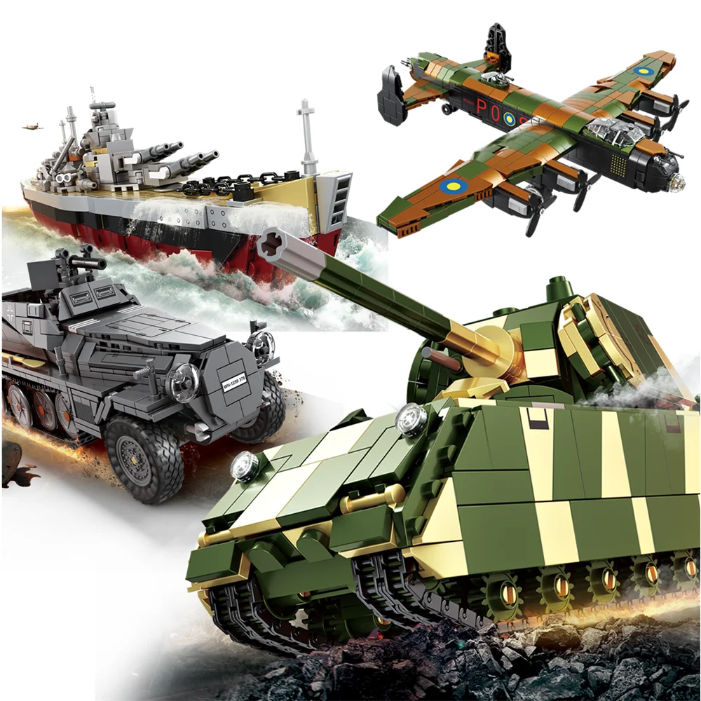 

World War 2 WW2 Army Military Soldiers Half Track Armored Vehicle KMS Bismarck Battleship DIY Building Blocks Bricks Kids Toys