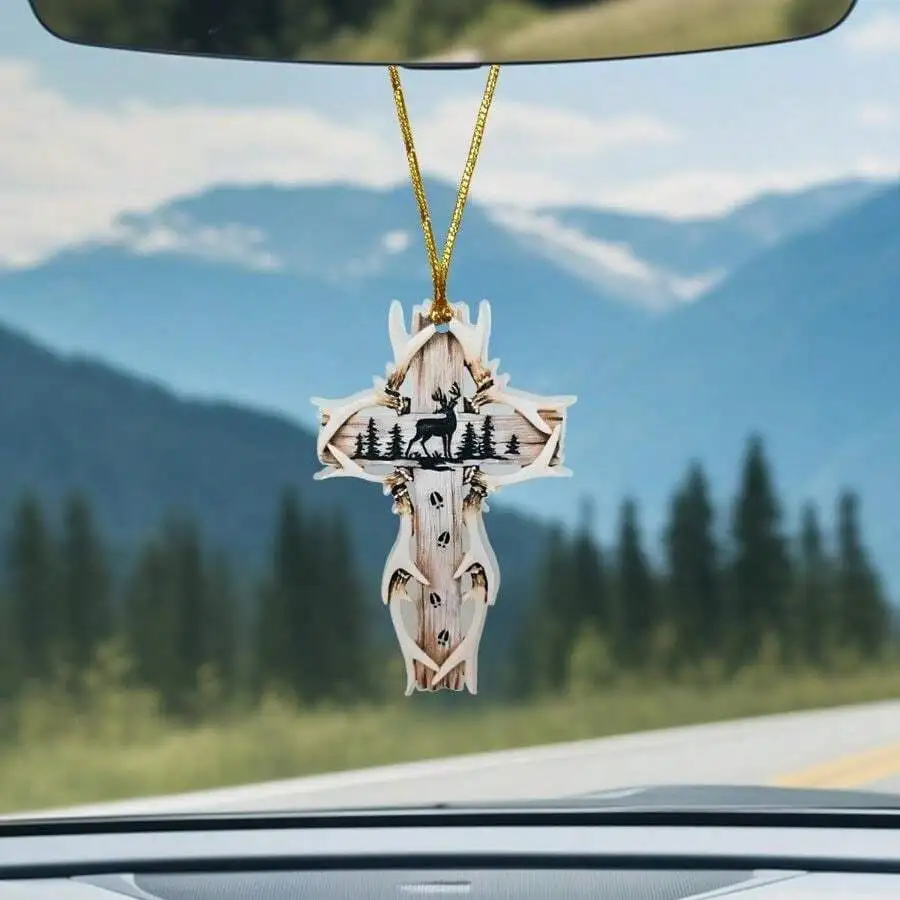 Deer Antler Cross Car Rearview Mirror Hanging Ornament Wooden Style Auto Interior Decor