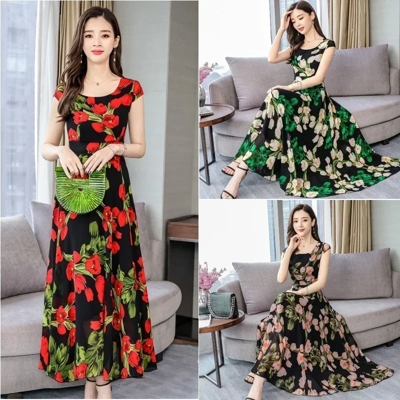 

Summer New Bohemian Round Neck Long Skirt Print Pullover Dress Printed Ladies