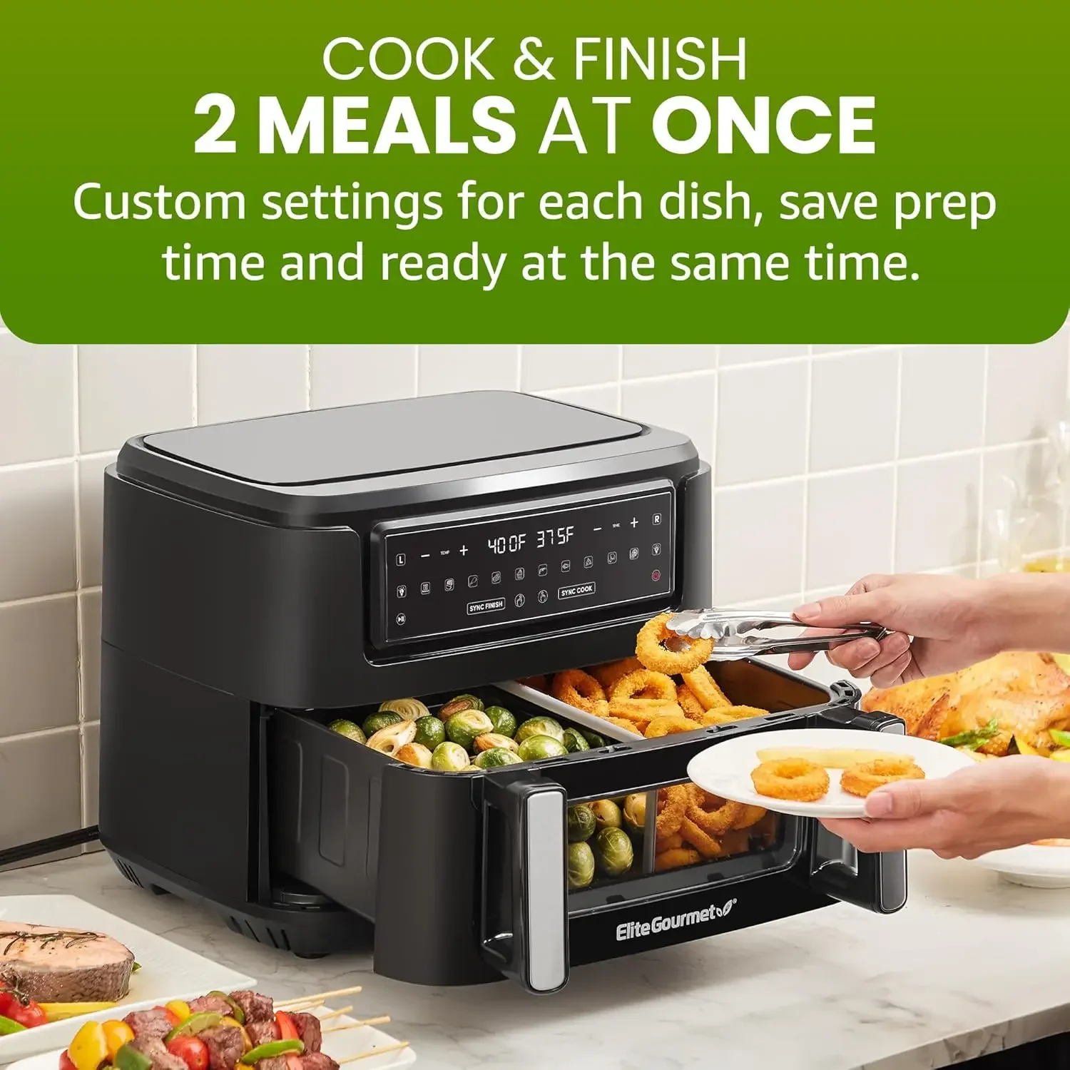 EAF1055D Dual Zone Air Fryer Oven, 11QT. Capacity with Divider 2 Independent Cook Zones, Dishwasher Safe Basket, 10 Preset Funct