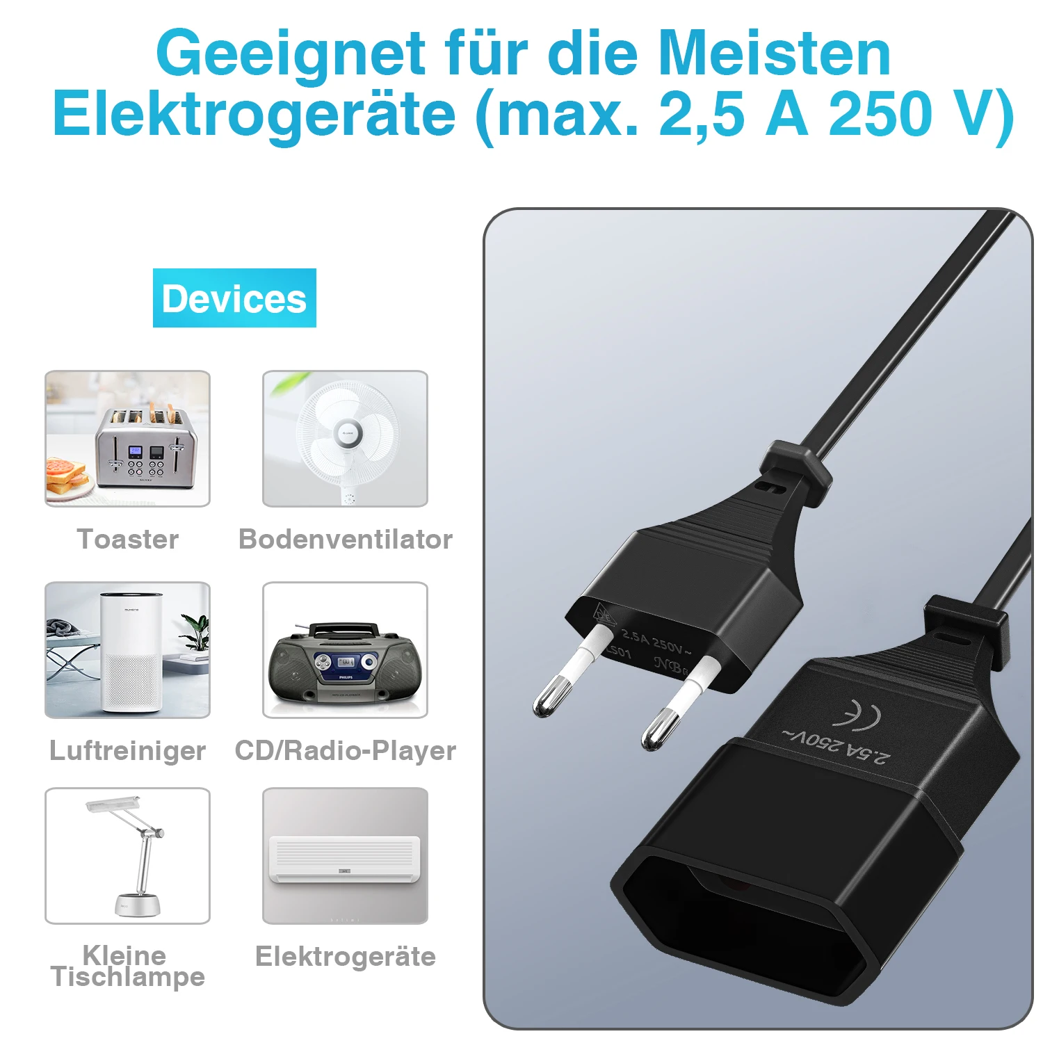 2 Pack 1/2m Extension Cable, Power EU Plug Extension Cord Flat Thin Power Cable 2-Pin 250V Euro Plug to Type C for TV Computer