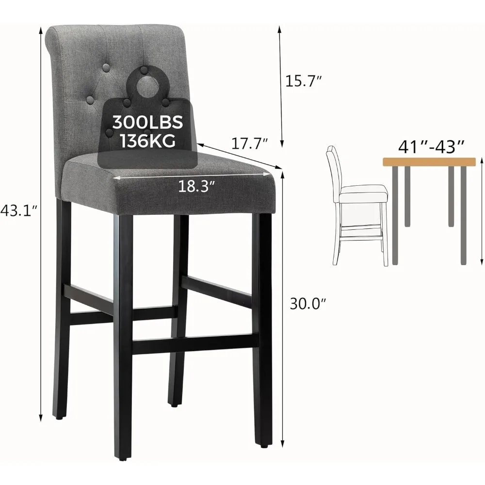 Taburetes de Bar de 30 pulgadas, Juego de 4 sillas de altura de Bar con respaldo cosido con botón para isla de cocina, color gris