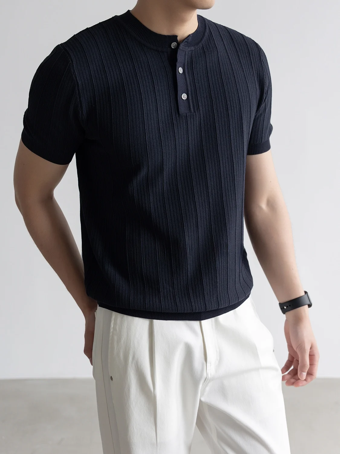 Men's Knitted Short Sleeve T-Shirt Casual Henry Collar Breathable Summer Business Leisure Top Polyester Blend Comfortable Fit