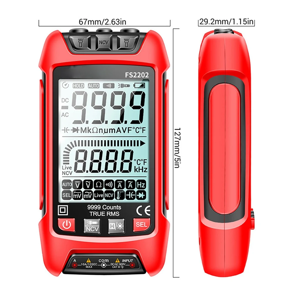 FS2202 Auto Range Digital Multimeter 9999 Counts TRMS AC DC Voltmeter Amp NCV Resistance Capacitance Transistor Tester A