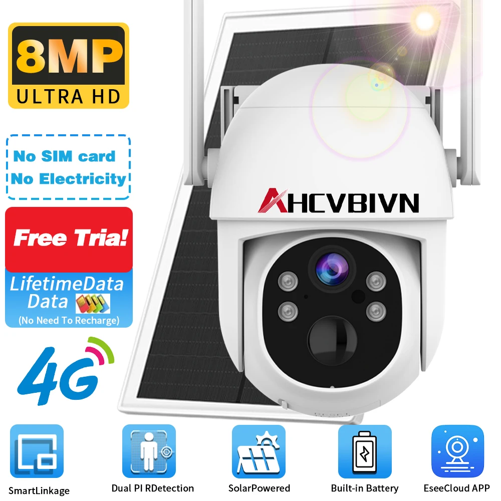 Tuya Solar 4G Security Camera with Lifetime Data 5MP Full Color Night VisionPTZ PIR Detection IP66 Waterproof (wireless Outdoor)