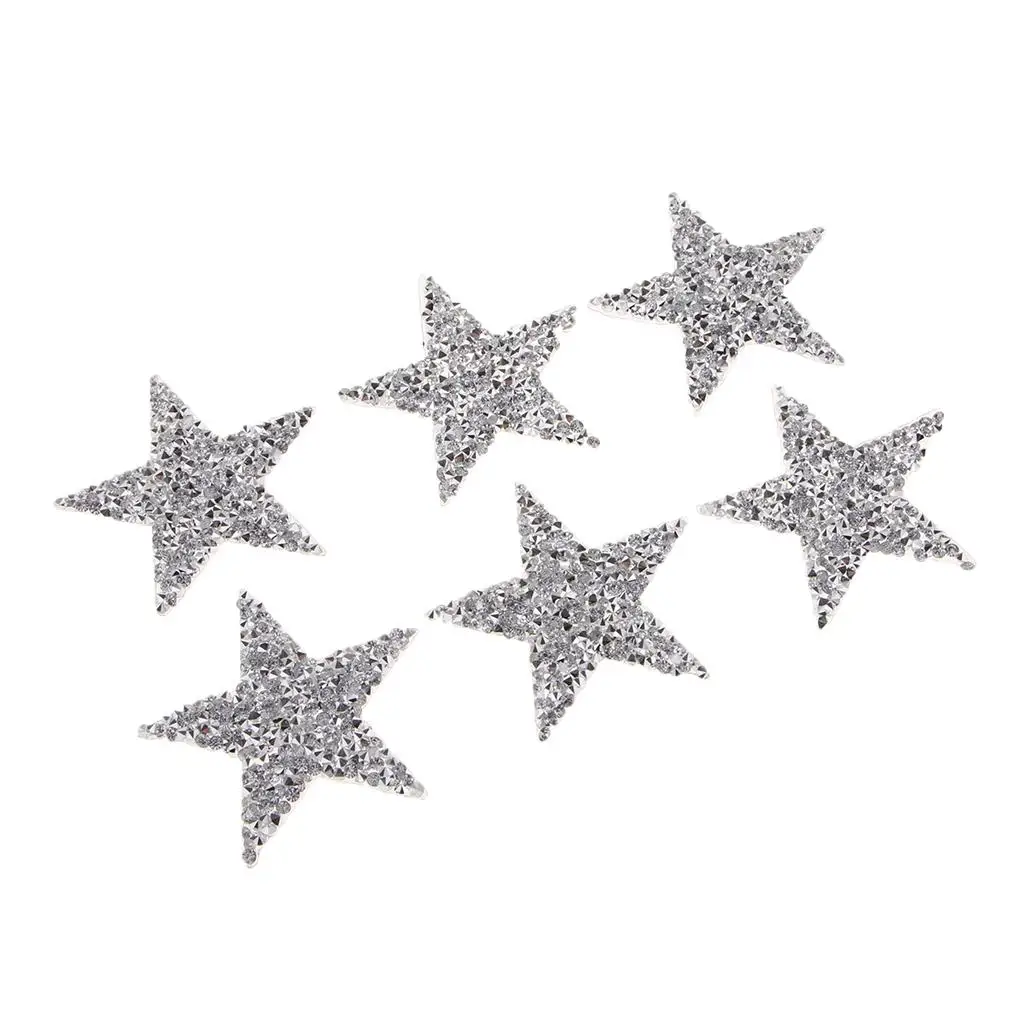 6Pcs Star Crystal Sew Iron On Patch Badge Clothes Applique Bag Fabric 50mm