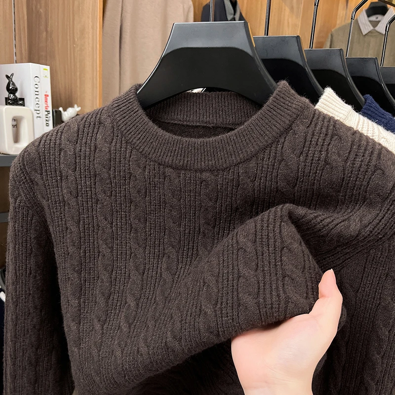 High Quality Man Long Sleeves Knitted Sweater Round Neck Cable Design Warm British Style Thicken Autumn New Leisure Leisure Mens