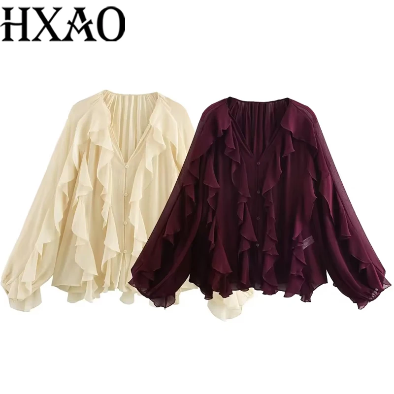 

HXAO Elegant Shirts & Blouses 2025 Women's Spring Long Sleeve Blouses Ladies Fashoin Casual Y2k Vintage Purple Yellow Tops