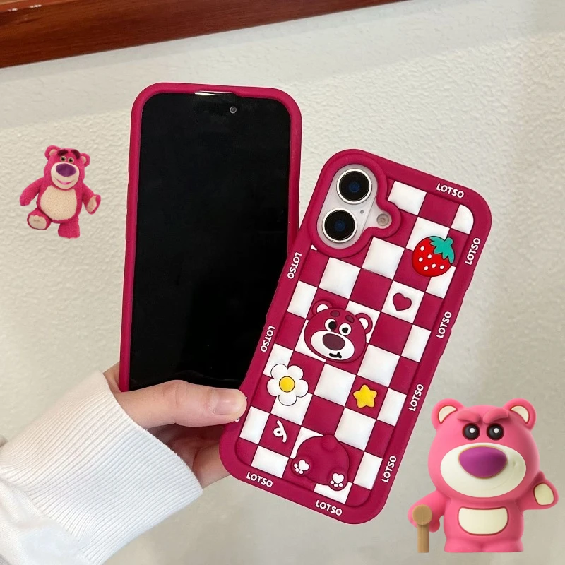 

Disney Lotso Phone Case for Iphone 16 15 14 Pro Max Cartoon Shock-Resistant Soft Silicone Full-Coverage Checkered Cute Case Gift