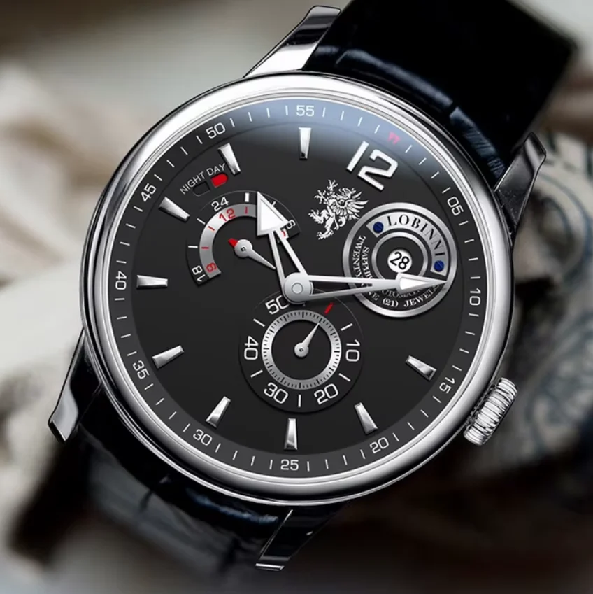 LOBINNI Men Automatic Watch 42mm Mechanical Wristwatch Waterproof Sapphire Mirror Luminous Multi-Dial Day-Night 24 Hours Date