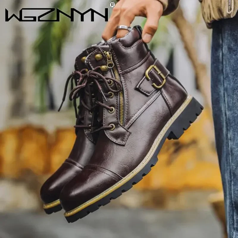 Homens botas de couro da motocicleta duplo zíper salto quadrado sapatos masculinos moda lazer design bota ciclismo 2026 outono inverno