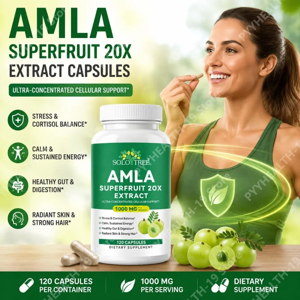 SOLO TREE Amla Superfruit 20X Extract Capsules 1000mg For Stress Energy Gut Skin & Hair Wellness Support, Adult, 120 Count