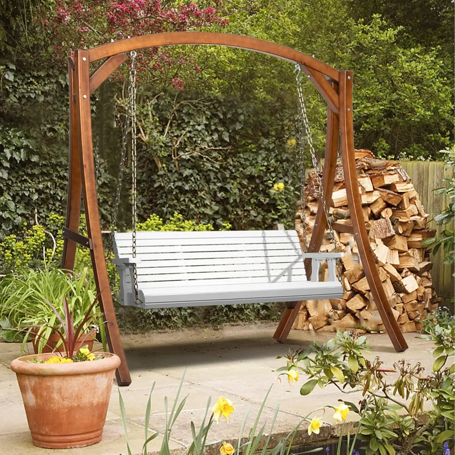 ！@Dwoo White Garden Courtyard Hanging Chains Upgraded Heavy Duty Patio Cedar Wooden Porch Swing