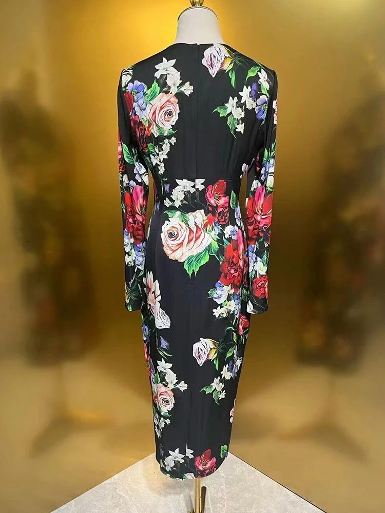 Seasixiang Floral Print Silk Pencil Dress For Women O-Neck Long Sleeves Vintage Party Dresses Fashion Autumn Female