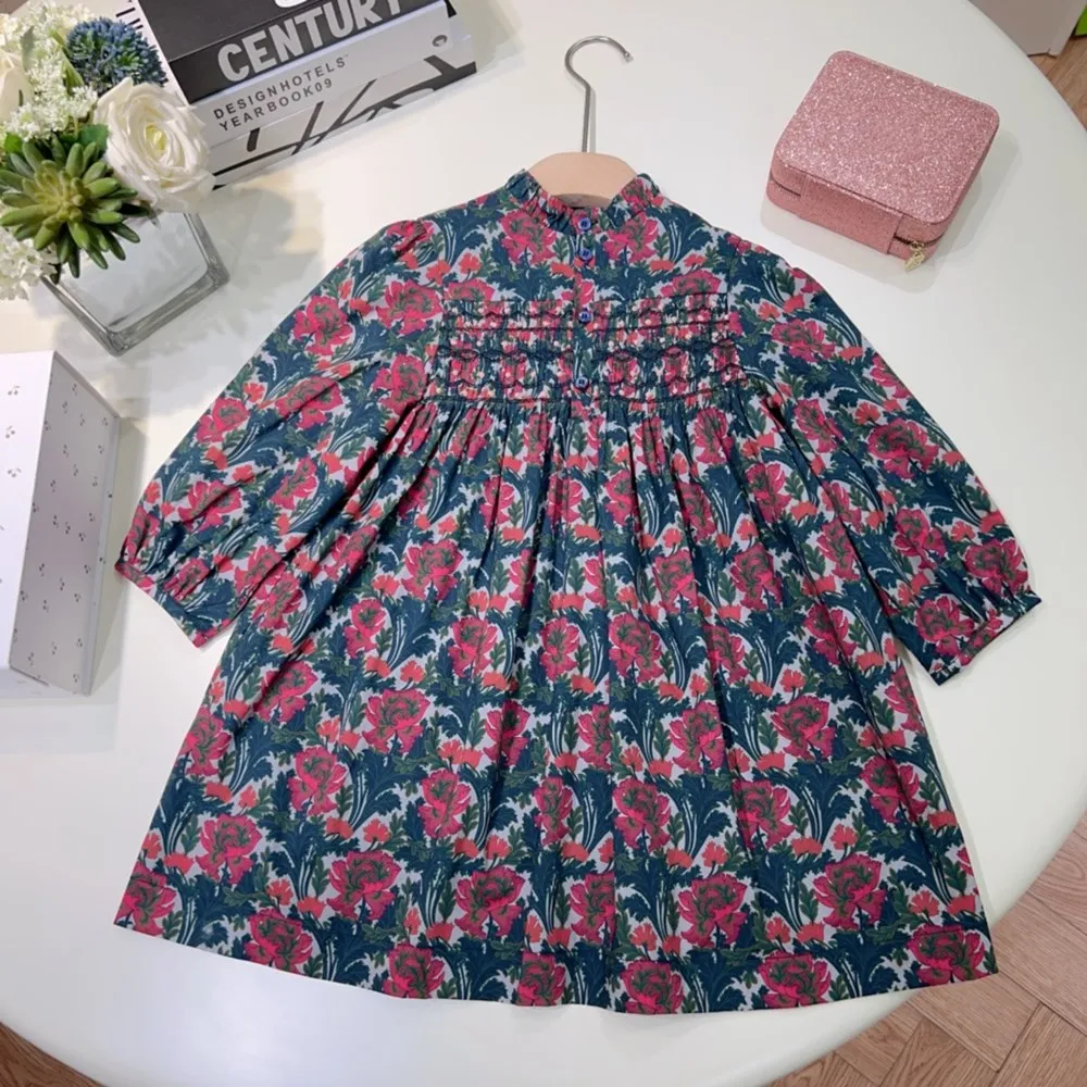 

spring baby girl clothes little kids drress French style retro printed hand embroidered dress baby long sleeved dress