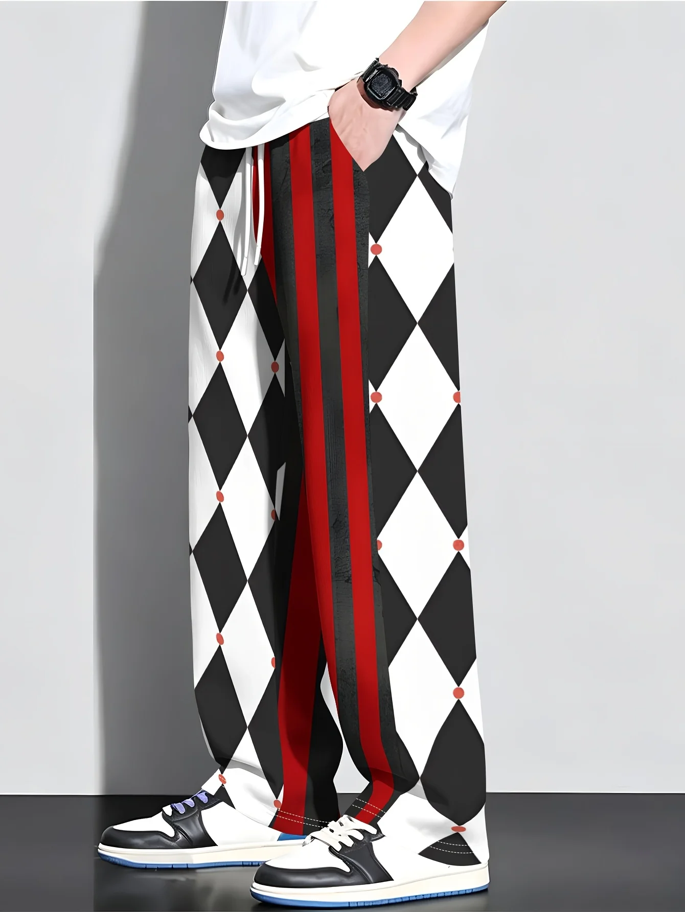 Asymmetric Printed Wide Leg Pants with Black and White Diamond Diamond Diamond Grid and Red Striped Neutral Casual Pants