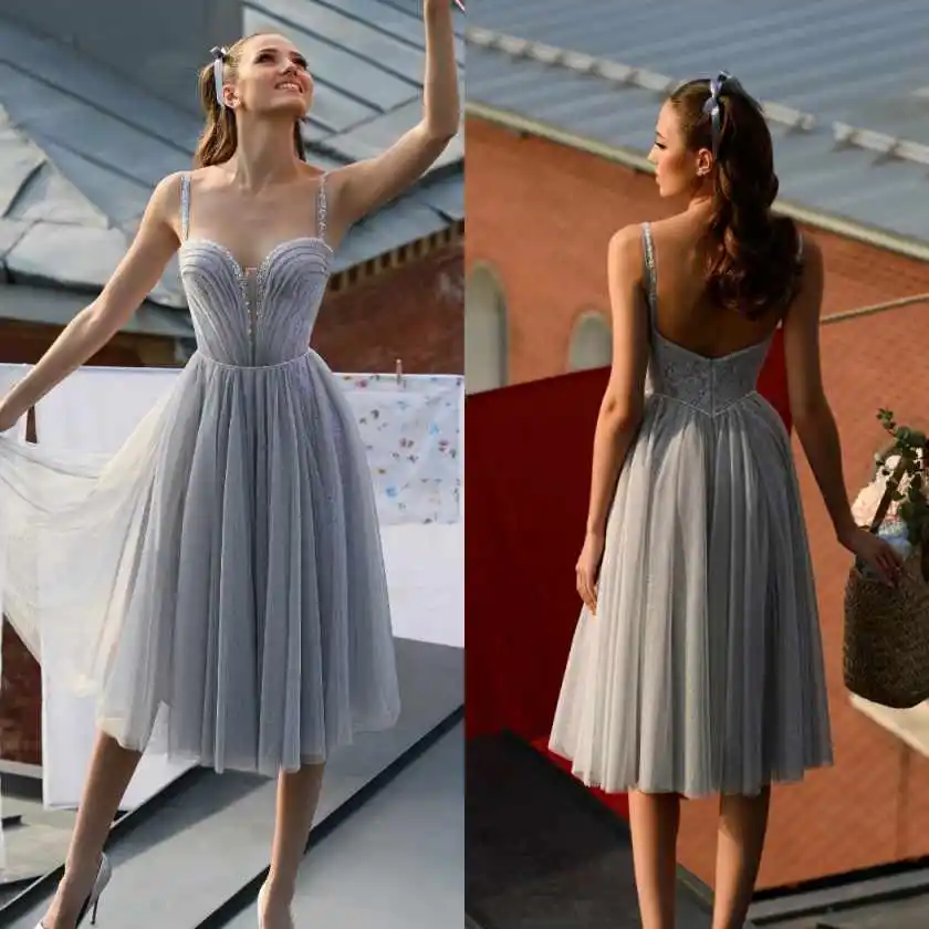 Short Prom Dresses Spaghetti Straps Women Pleat Corset Party Gown Customized Sequined Evening Dress Knee Length Vestido de novia