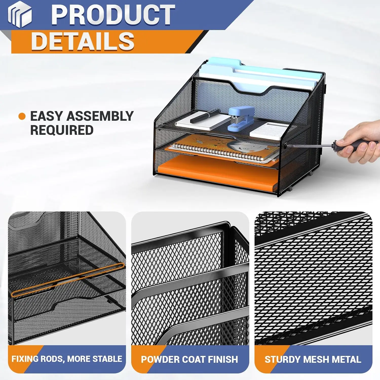 3-Tier Mesh Desk File Organizer, Letter Tray with 2 Vertical Sections for Home Office - view 3