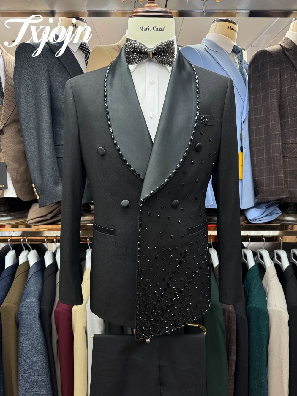 Exquisite Double Breasted Men Suit Set 3PCS 2025 Classic Shawl Lapel Men Suit For Best Man Formal Crystal Suit Trajes For Hombr