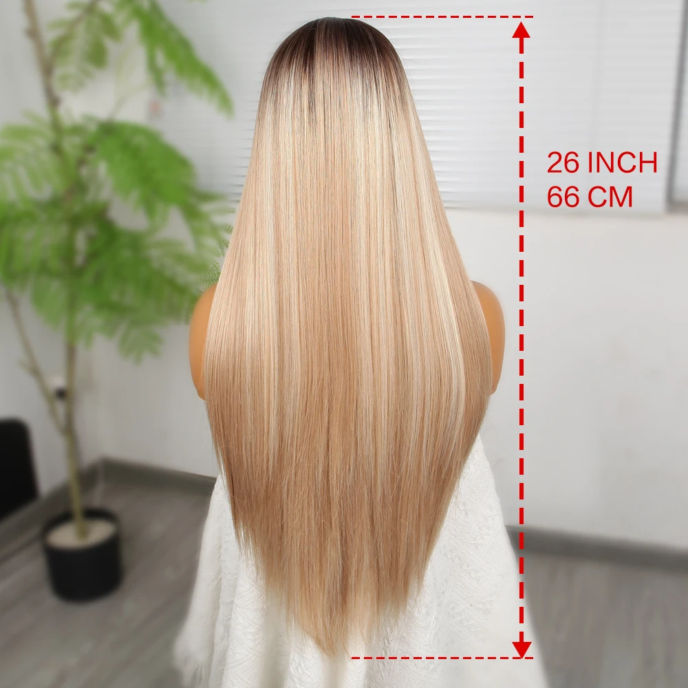 13*4 Lace Deep Part Synthet Silky Blonde Ynthetic Front Wig 26inch Straight Preplucked Hairline Hd Lace with babyhair Ombre