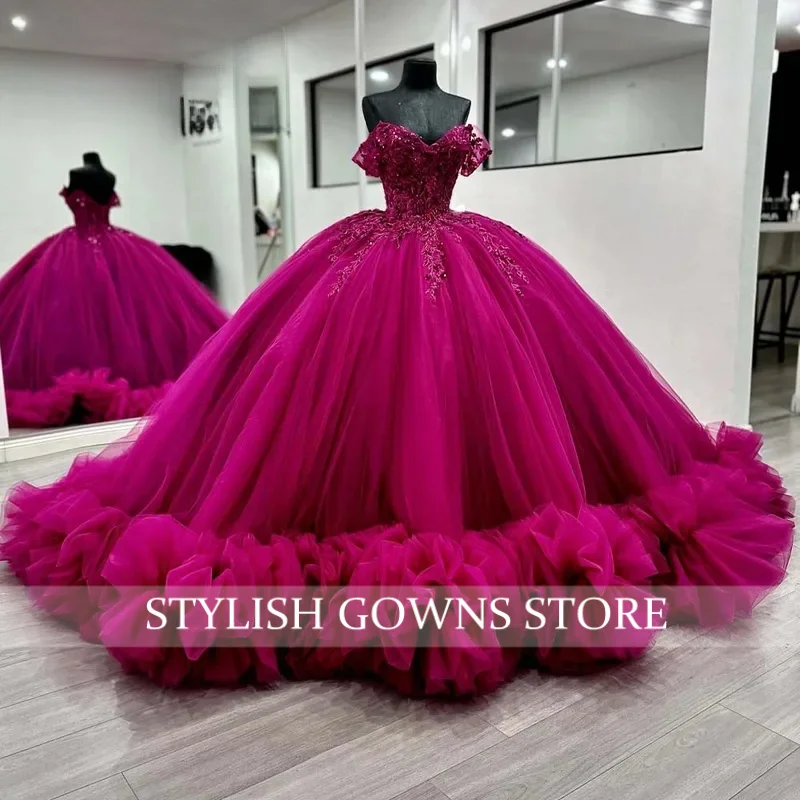 Модные платья Quinceanera для девочек с аппликациями на плечах и рюшами Vestido De 15, Quinceaneras Morado по индивидуальному заказу